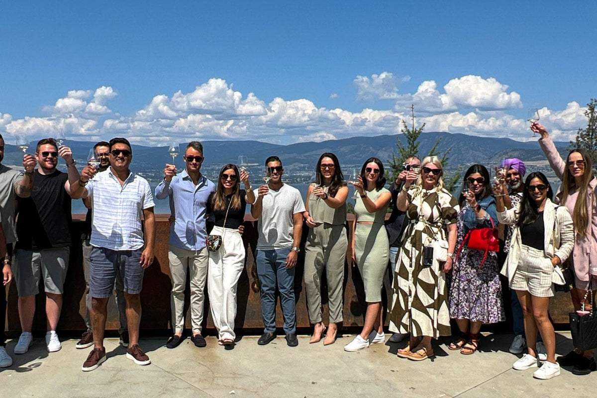A group of past attendees raising their glasses on a sunny overlook above a lake